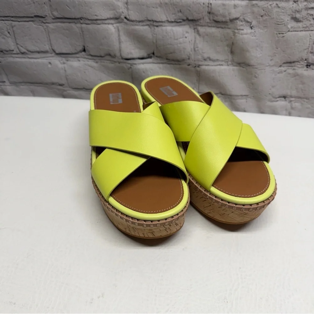 Fitflop Eloise leather Neon Lime Crisscross Platform Slide Sandals size 6 nwot
